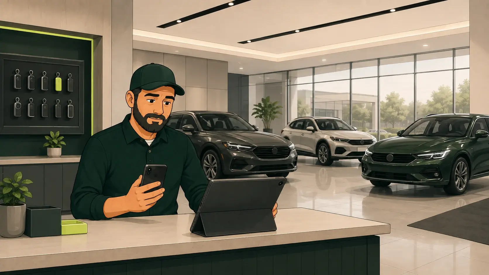 Car showroom owner handling customer messages and inquiries