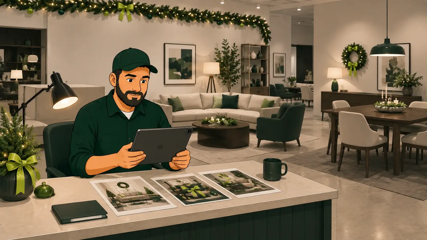 Furniture store owner dealing with customer messages during the holiday season
