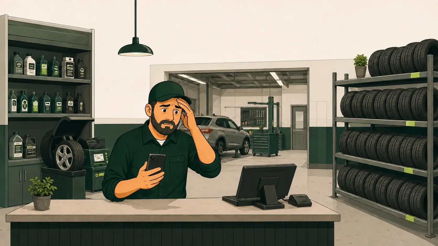 Worried tire-shop owner checking several customer messages